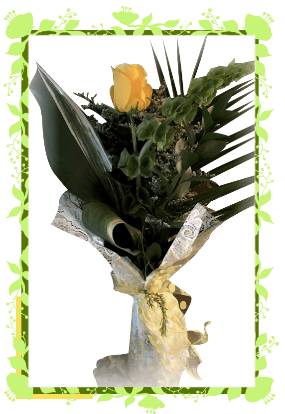 A bouquet of flowers with green leaves and yellow rose.